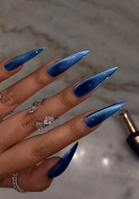 Blue Velvet Glass Cateye press ons | Spring press on nails | SpringPress On Nails |  Handmade Press On Nails