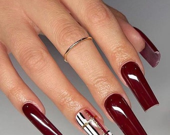 Wine Red + Plaid press ons | Winter press on nails | Handmade Press On Nails