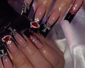 Black French + Chrome charms press ons | press on nails | Handmade Press On Nails