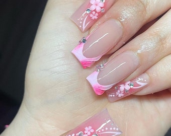 Pink Aura + 3D Flowers press ons | Summer press on nails | Handmade Press On Nails