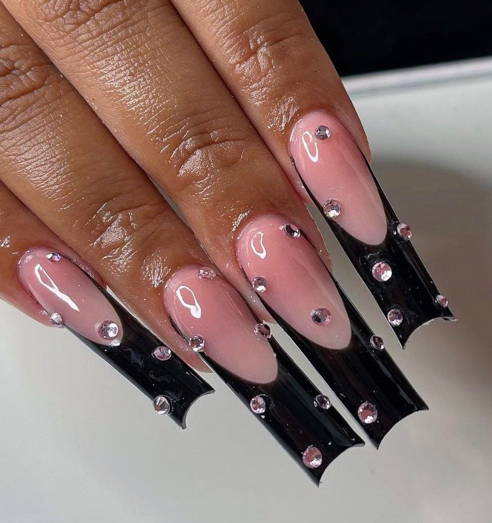 Black French Tip Pearl and Rhinestone Press on Nails Black Nails Long Nails  French Tip Nails Pearl Nails Luxury Nails Bling Nails 