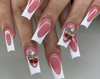 White French + Cherry Charms | Summer press on nails | Handmade Press On Nails