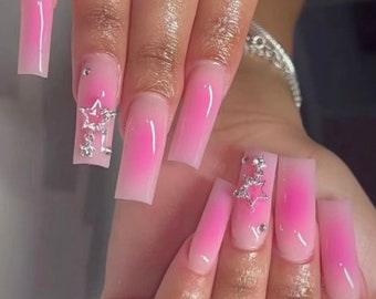 Pink Aura + Star Charms | Summer press on nails | Handmade Press On Nails