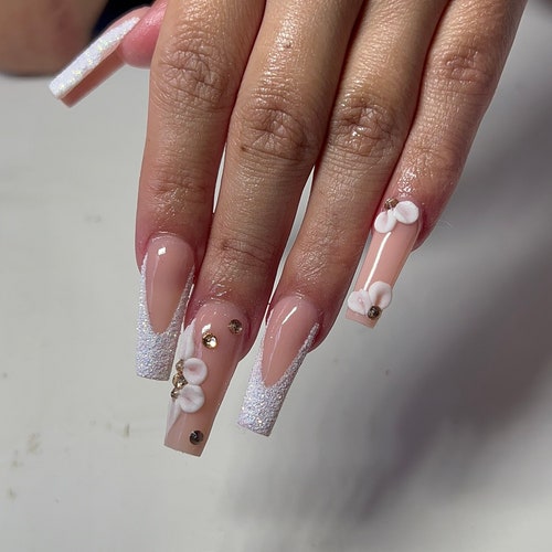 Glitter French 3D Flower Press Ons Handmade Press on Nails Etsy