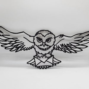 May include: A black and white line drawing of an owl with its wings spread wide, carrying a letter in its talons. The owl has a serious expression on its face.