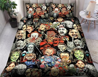 Ensemble de literie d'Halloween, ensemble de literie de caractère d'horreur, housse de couette de film d'horreur, décor d'horreur pour la chambre à coucher, literie effrayante d'Halloween