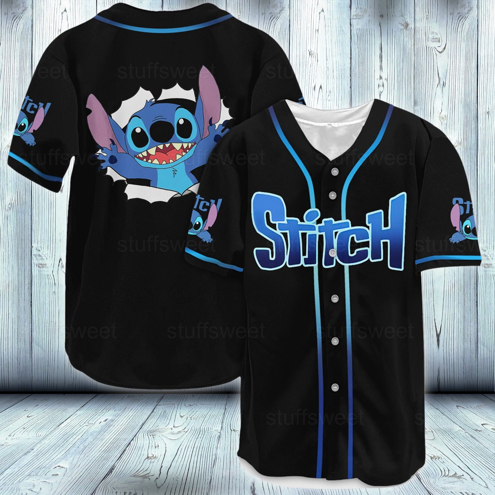 Disney Girls Lilo & Stitch and Angel Baseball Jersey-Classic Mesh Button Down Shirt