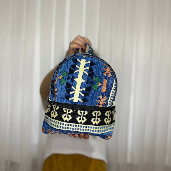 Boho Hippie Backpack Colorful Woman Men Backpacks Mini Bag Bohemian Backpack Anatolian Tote Bag, Small Boho-Hippie Backpack, Boho Ethnic Bag