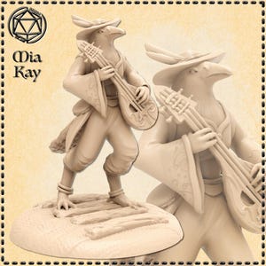 May include: A hand-painted miniature figurine of a bird-like creature playing a lute. The creature is wearing a feathered hat and a detailed outfit. The figurine is standing on a base with a wood-like texture.