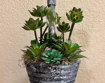 faux succulent arrangement, succulent, succulents with real water faucet, succulent home decor, year around home decor, office decor, gift