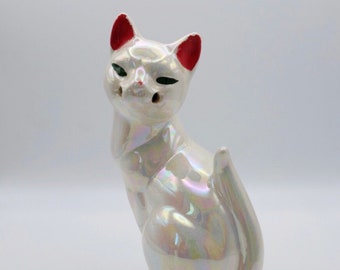 Iridescent Ceramic White Cat | Vintage | 1960's