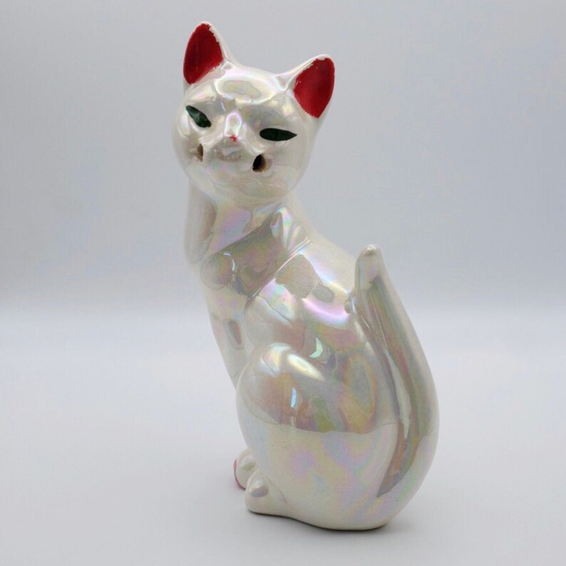 Iridescent Ceramic White Cat Vintage 1960's image 1