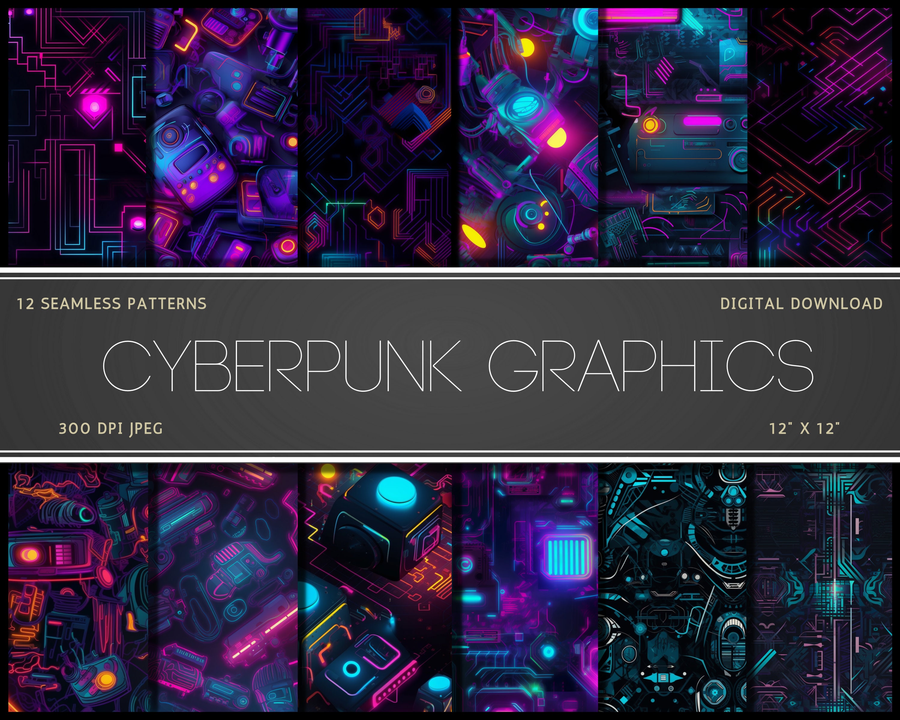 Cyberpunk Seamless Pattern Scifi Digital Paper Cyberpunk Etsy