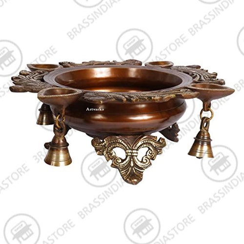 Brass Peacock Design Urli with Diyas and Bells Copper Finish (Gold, hotsell 12.5 Inches)