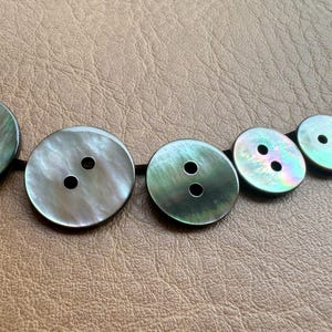 Puede incluir: Una colección de botones de concha iridiscente de varios tamaños, cada uno con dos o tres agujeros. Los botones están dispuestos en un hilo oscuro sobre una superficie marrón similar al cuero. Los botones tienen un brillo nacarado con toques de verde, azul y plata.