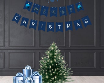 Printable Merry Christmas Banner, Blue Christmas Banner, Merry Christmas, Christmas Decor