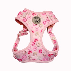 Hendricks and Maple Adjustable Harness - &quot;Donut Eat My Donuts&quot; Printed Neoprene Pink Donut Range | Puppy Cat Dog Harness | Step in Style