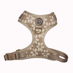 May include: A beige dog harness with a white floral pattern and a gold metal D-ring. The harness has a brown leather patch with the text "Hendricks and Ivy" and a maple leaf logo.