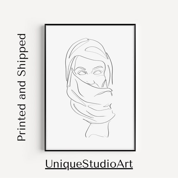 Muslim Woman Arabic Hijabi Wall Art, Islamic Line Art Poster, Modern Muslim Home Decor, Hand Drawn Artwork