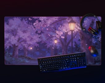 Japanese Cherry Blossoms and Streetlight Anime Gaming Mouse Pad
