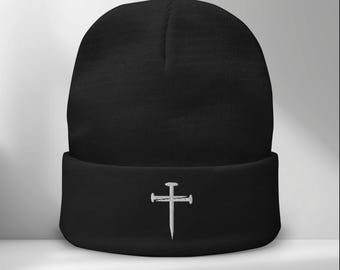 White 3 Nails Cross Embroidered on Black Beanie