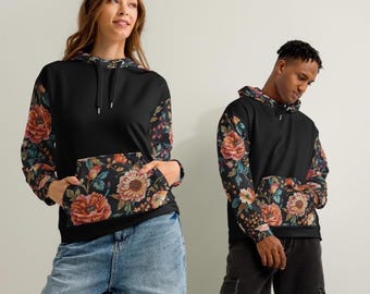 Black and Floral Pattern Hoodie: All Over Print Sweatshirt
