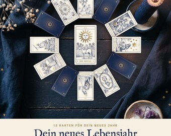 Birthday Tarot Gold Edition | Your New Year of Life | Draw 13 Cards Yourself | Copperplate Engraving Deck with Gold | Interpretation as PDF