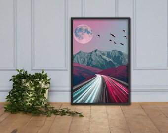 May include: A digital art print featuring a surreal landscape with a pink sky, a full moon, mountains, and a highway with bright lights. Birds fly across the sky.