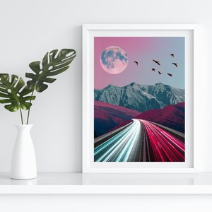 Surreal Art Collage Print - Moonlight Mountain Highway trippy collage