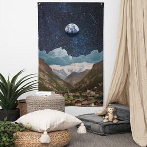 Surreal Art Tapestry Flag - Earth Looking Back at Earth Collage