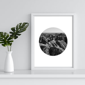 Minimalist Photo Art Print - Badlands Mountain Black and White Landscape Circle