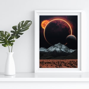 Surreal Art Collage Print - Flower Mountains Eclipse Collage