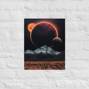 Surreal Art Print Poster - Flower Mountains Eclipse Collage
