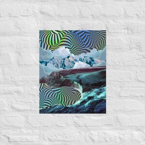 Surreal Art Collage Print Poster - cool blue illusion lagoon collage
