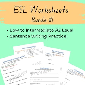 May include: A set of printable ESL worksheets for students learning English as a second language. The worksheets focus on past tense grammar and sentence writing practice. The worksheets are designed for low to intermediate A2 level learners.