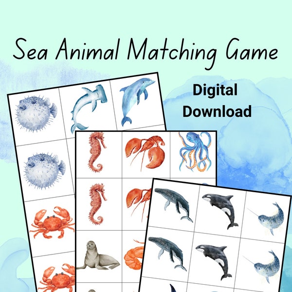 Sea Animal Matching Game, Classroom Learning Materials and Games, Montessori Materials, Ocean Memory Cards, Fun Printable Games for Children
