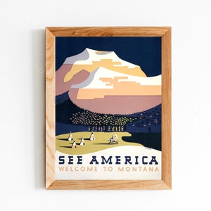 Impresión de pared vintage de Montana EE. UU., Cartel de viaje antiguo, Arte de la pared de América occidental, Cartel de Ver América, Obra de arte digital de tierras de montaña nativas