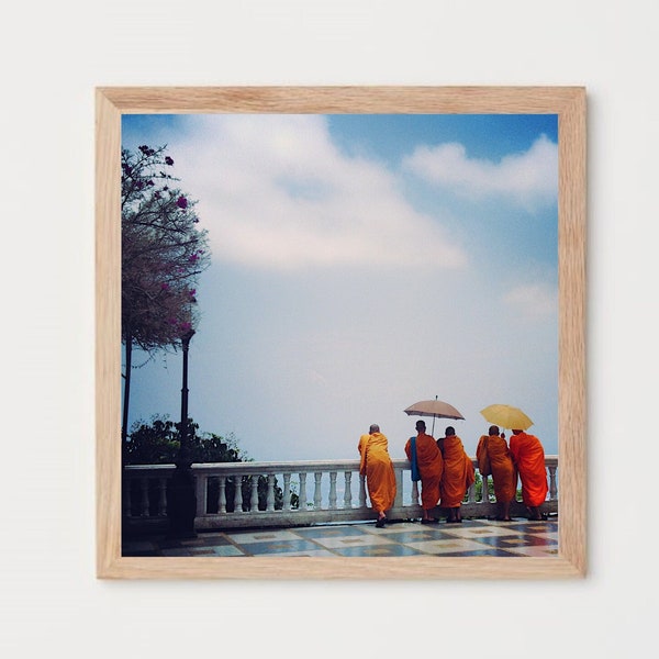 Thailand Monks Enjoying the Mountain View, Digital Photo Download, Thai Monks on Doi Suthep, Cloudy Mountain, Dreamy, Buddhist, Peaceful