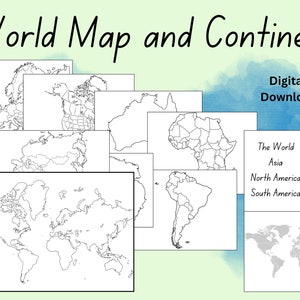 Weltkarten-Umriss, Kontinentkarten, Ländergrenzen, Montessori-Unterricht, Karte der Kontinente, druckbare leere Karte für Geographie
