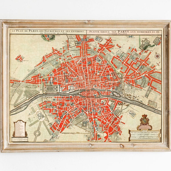 Vintage Paris Map, Old Color City Map, Paris France, Europe Vintage Map, City Streets, Travel Decor, Maps of Famous Cities Around the World