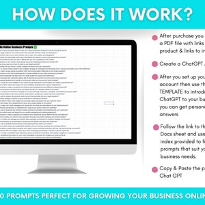 Peut inclure: Un &eacute;cran d'ordinateur affiche un document intitul&eacute; "100 Branding An Online Business Prompts". L'&eacute;cran montre des questions li&eacute;es &agrave; l'image de marque. Le texte &agrave; l'&eacute;cran indique "HOW DOES IT WORK?" et "3000 PROMPTS PERFECT FOR GROWING YOUR BUSINESS ONLINE."