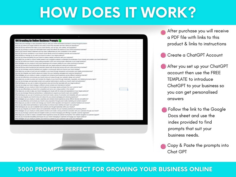Peut inclure: Un &eacute;cran d'ordinateur affiche un document intitul&eacute; "100 Branding An Online Business Prompts". L'&eacute;cran montre des questions li&eacute;es &agrave; l'image de marque. Le texte &agrave; l'&eacute;cran indique "HOW DOES IT WORK?" et "3000 PROMPTS PERFECT FOR GROWING YOUR BUSINESS ONLINE."