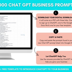 Peut inclure: Un &eacute;cran d'ordinateur affiche une feuille de calcul avec des invites commerciales. L'image comprend le texte "3000 CHAT GPT BUSINESS PROMPTS". Des instructions sont fournies pour t&eacute;l&eacute;charger, copier et coller, et utiliser ChatGPT pour d&eacute;velopper votre entreprise. Un mod&egrave;le gratuit en prime est &eacute;galement propos&eacute;.