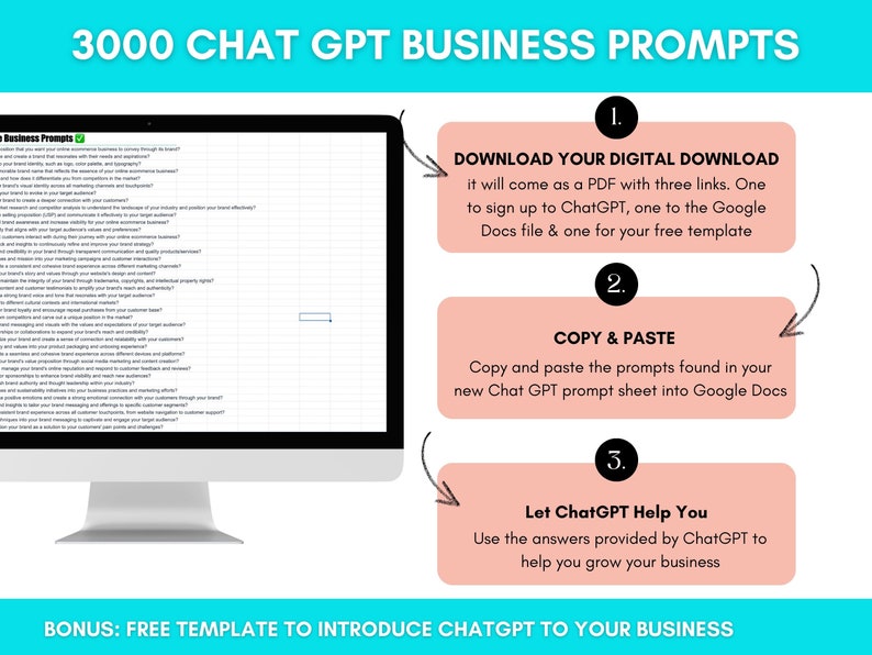 Peut inclure: Un &eacute;cran d'ordinateur affiche une feuille de calcul avec des invites commerciales. L'image comprend le texte "3000 CHAT GPT BUSINESS PROMPTS". Des instructions sont fournies pour t&eacute;l&eacute;charger, copier et coller, et utiliser ChatGPT pour d&eacute;velopper votre entreprise. Un mod&egrave;le gratuit en prime est &eacute;galement propos&eacute;.