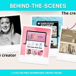 Peut inclure: Image promotionnelle avec le texte "BEHIND-THE-SCENES" et "The creations". Elle pr&eacute;sente une photo en noir et blanc d'une femme intitul&eacute;e "The creator" et trois maquettes de sites web. Le texte "I LOVE HELPING BUSINESSES GROW ONLINE" est en bas.