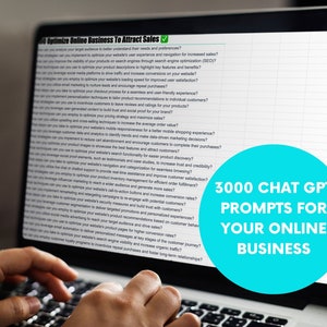 Peut inclure: Un &eacute;cran d'ordinateur portable affiche un document avec une liste de contr&ocirc;le et le texte "Optimize Online Business To Attract Sales". Un cercle bleu contient le texte "3000 CHAT GPT PROMPTS FOR YOUR ONLINE BUSINESS."