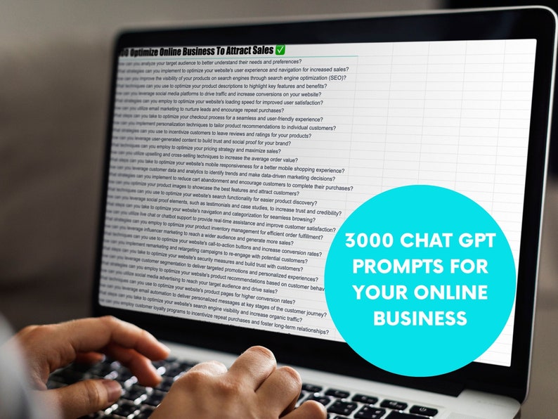 Peut inclure: Un &eacute;cran d'ordinateur portable affiche un document avec une liste de contr&ocirc;le et le texte "Optimize Online Business To Attract Sales". Un cercle bleu contient le texte "3000 CHAT GPT PROMPTS FOR YOUR ONLINE BUSINESS."