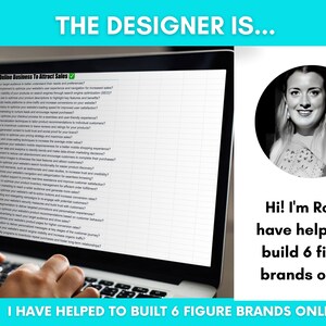 Peut inclure: Un ordinateur portable affiche une feuille de calcul avec le texte "Optimize Online Business To Attract Sales." Un portrait de femme est dans un cercle &agrave; droite, avec le texte "Hi! I'm Rose I have helped to build 6 figure brands online."
