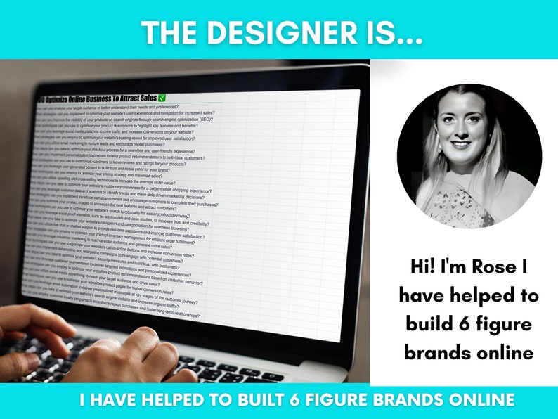 Peut inclure: Un ordinateur portable affiche une feuille de calcul avec le texte "Optimize Online Business To Attract Sales." Un portrait de femme est dans un cercle &agrave; droite, avec le texte "Hi! I'm Rose I have helped to build 6 figure brands online."
