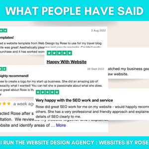 Peut inclure: Graphique turquoise et blanc avec le texte &laquo;&nbsp;WHAT PEOPLE HAVE SAID&nbsp;&raquo;. Des avis clients avec des &eacute;valuations par &eacute;toiles et des commentaires sur les services de conception de sites Web et de r&eacute;f&eacute;rencement sont affich&eacute;s.